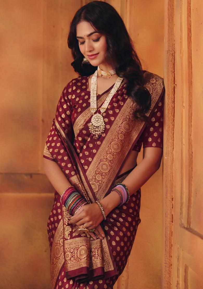Maroon Woven Silk Blend Saree Set - Indya