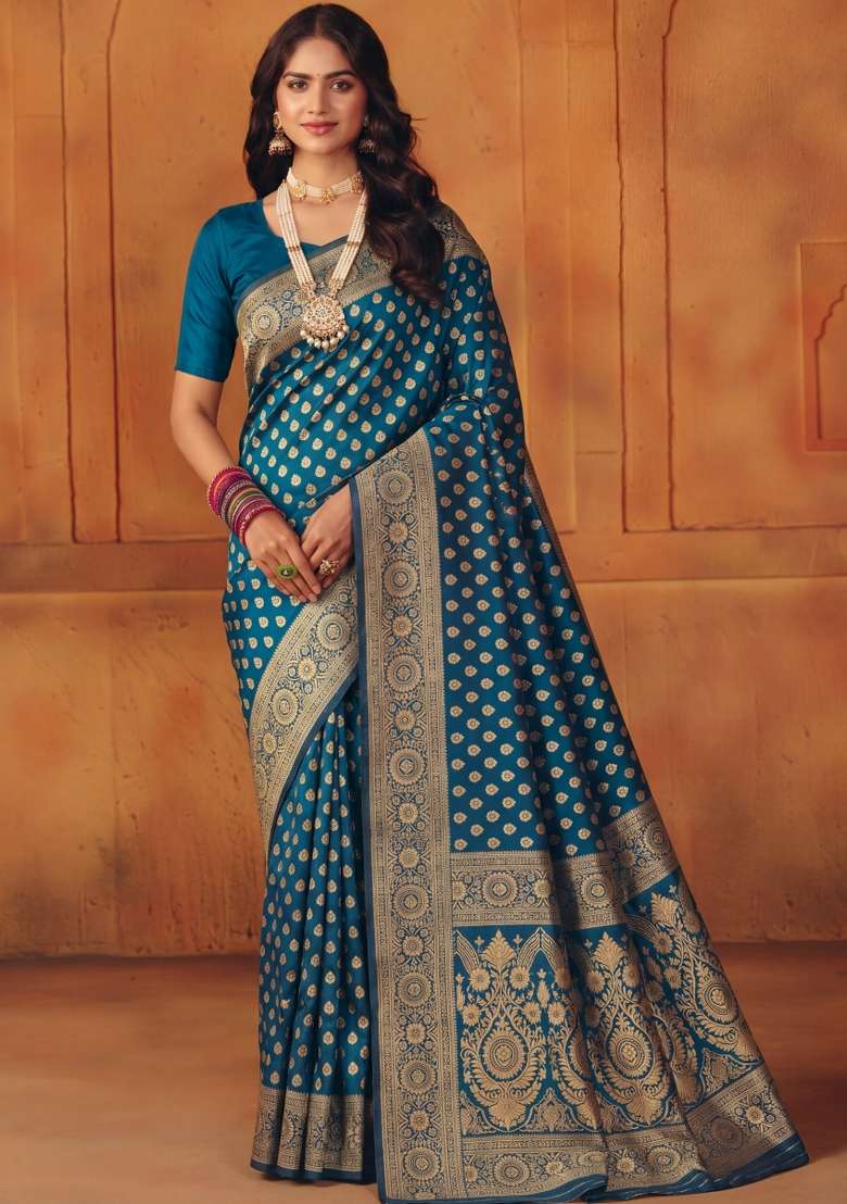 Turquoise Woven Silk Blend Saree Set for Diwali and Festive Wear - Indya