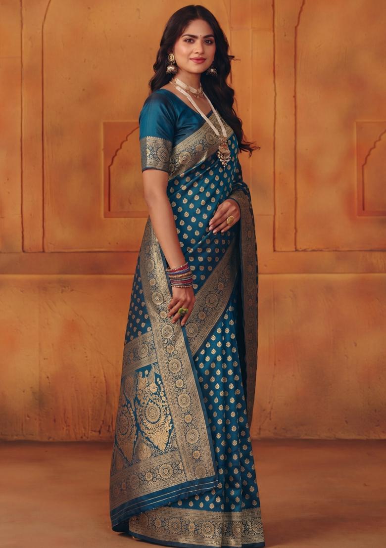 Turquoise Woven Silk Blend Saree Set - Indya