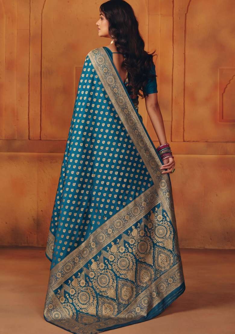 Turquoise Woven Silk Blend Saree Set for Diwali and Festive Wear - Indya