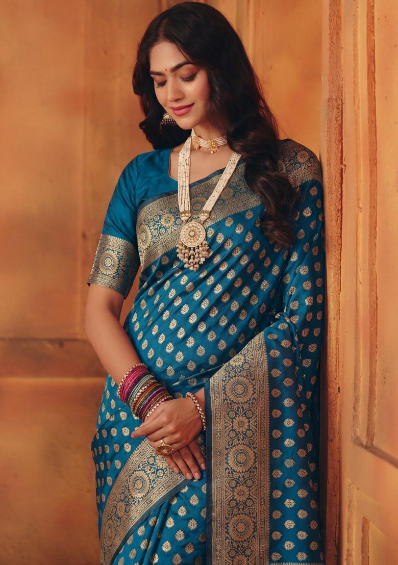 Turquoise Woven Silk Blend Saree Set - Indya