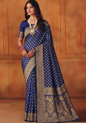 Navy Blue Woven Silk Blend Saree Set
