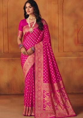 Pink Woven Silk Blend Saree Set