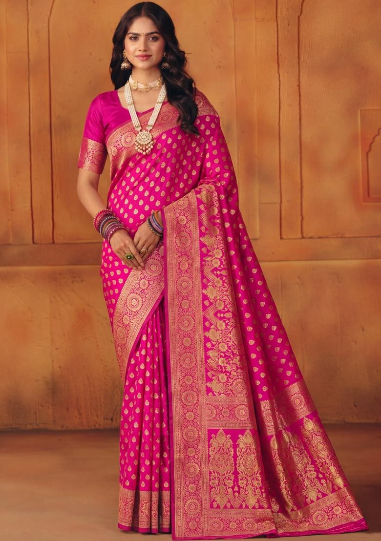 Pink Woven Silk Blend Saree Set - Indya