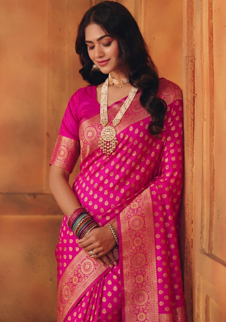 Pink Woven Silk Blend Saree Set - Indya