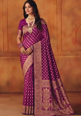 Purple Woven Silk Blend Saree Set