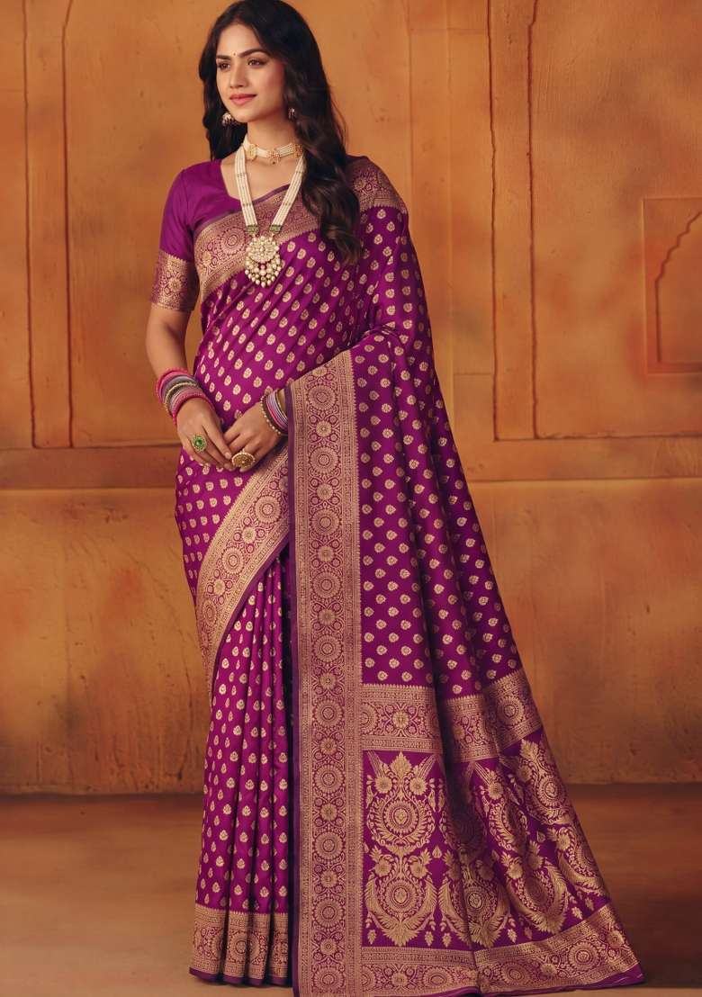 Purple Woven Silk Blend Saree Set for Diwali | Wedding & Festive Wear - Indya