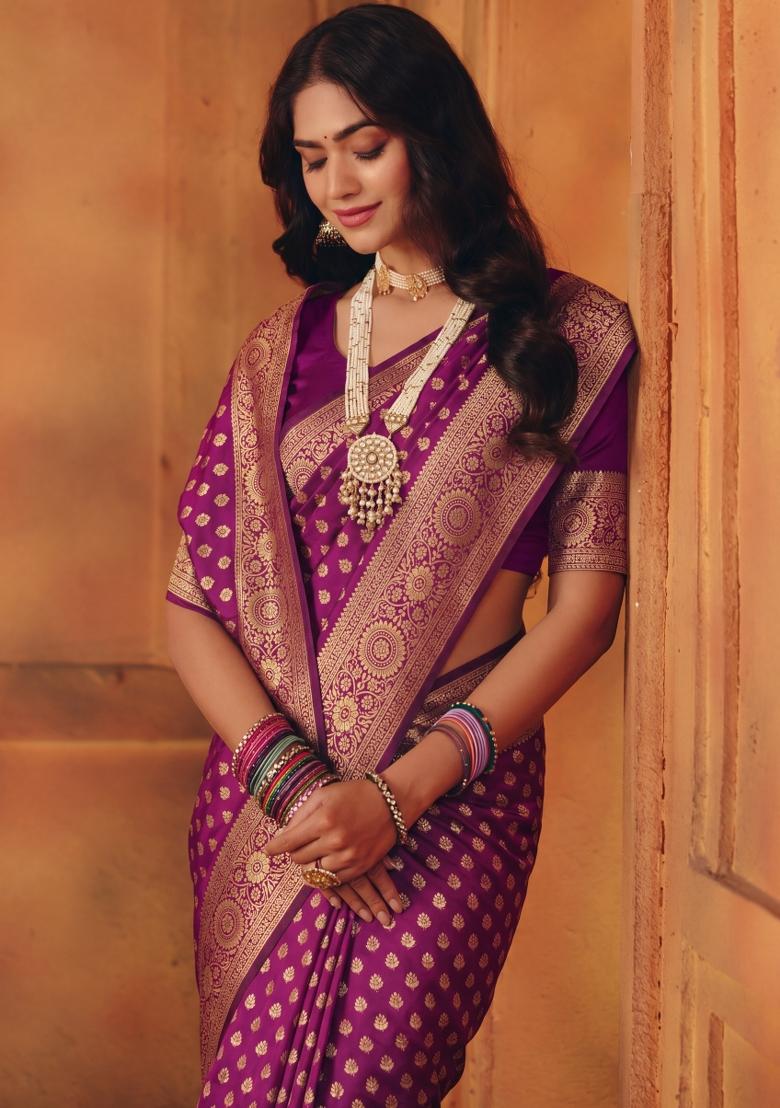 Purple Woven Silk Blend Saree Set - Indya
