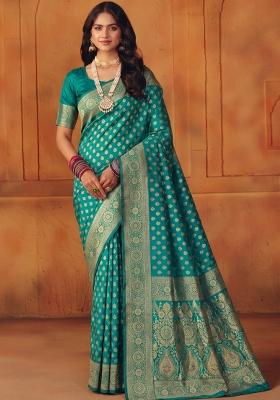 Turquoise Woven Silk Blend Saree Set