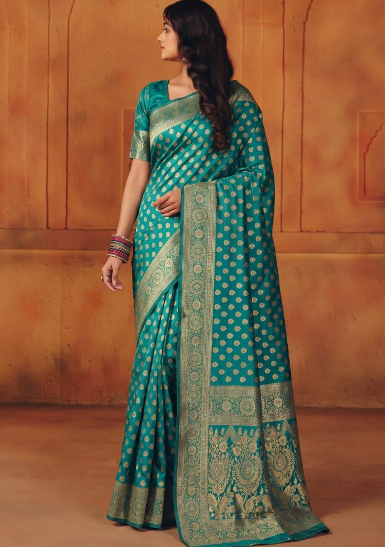 Turquoise Woven Silk Blend Saree Set - Indya