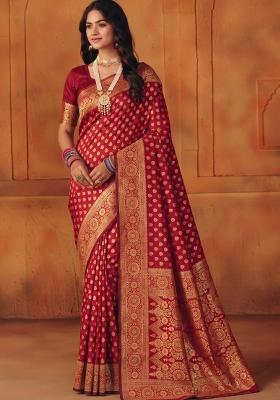 Red Woven Silk Blend Saree Set