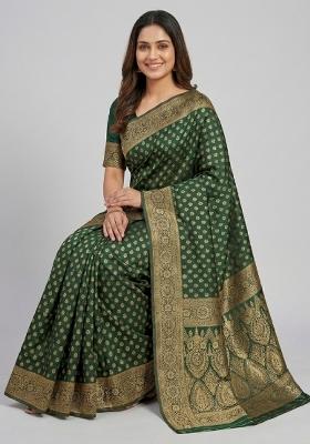 Green Woven Silk Blend Saree Set