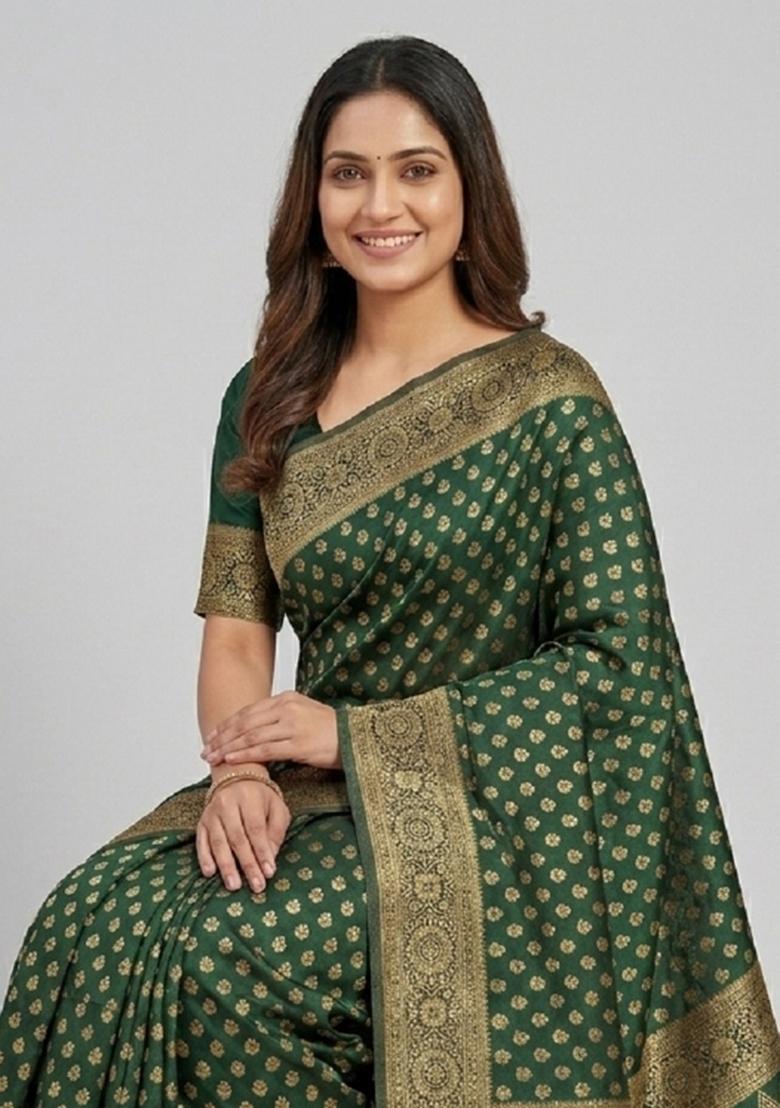Green Woven Silk Blend Saree Set - Indya