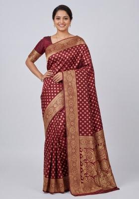 Maroon Woven Silk Blend Saree Set
