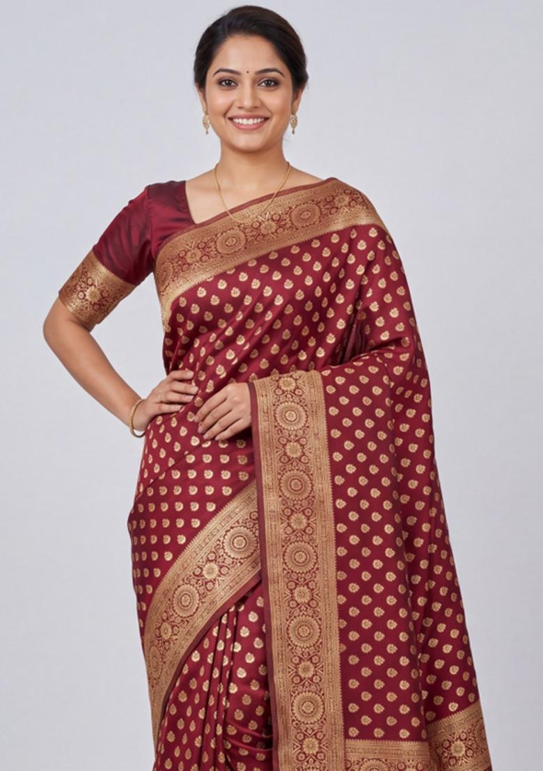 Maroon Woven Silk Blend Saree Set - Indya