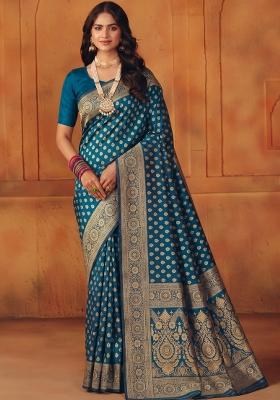 Turquoise Woven Silk Blend Saree Set