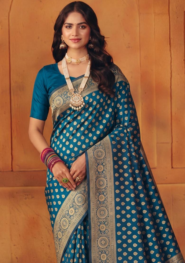 Turquoise Woven Silk Blend Saree Set - Indya