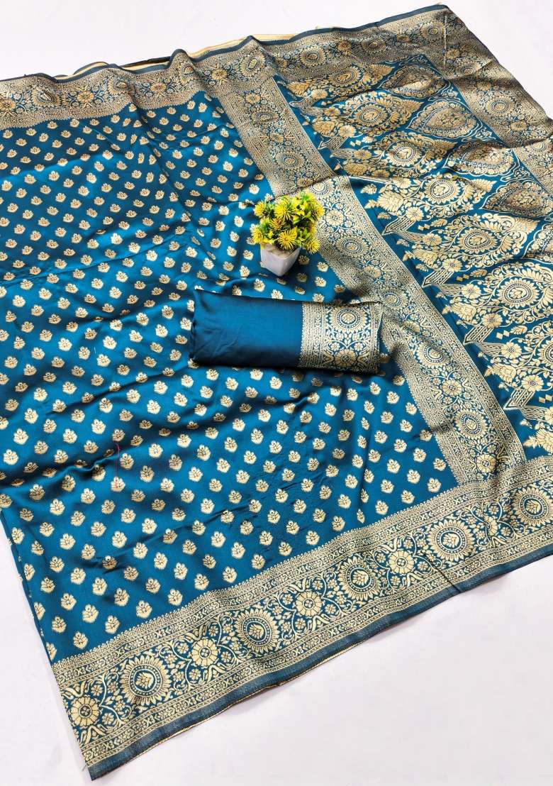 Turquoise Woven Silk Blend Saree Set for Diwali and Festive Wear - Indya