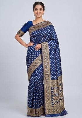 Navy Blue Woven Silk Blend Saree Set