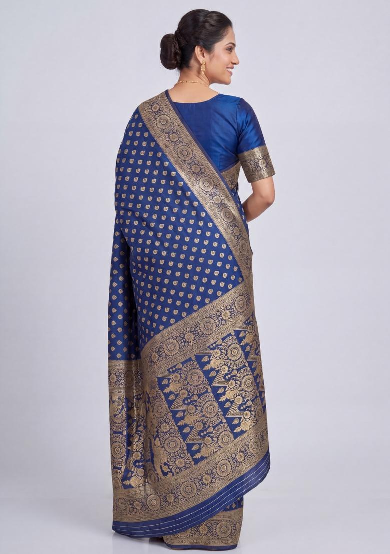 Navy Blue Woven Silk Blend Saree Set - Indya