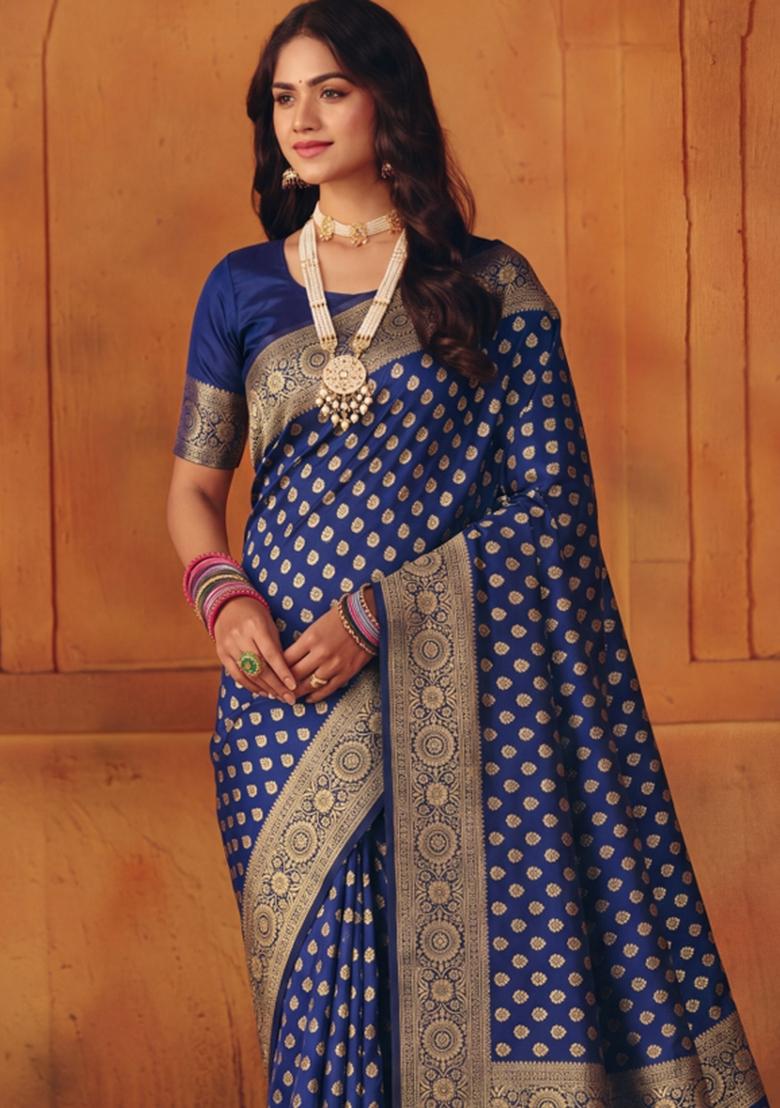 Navy Blue Woven Silk Blend Saree Set - Indya