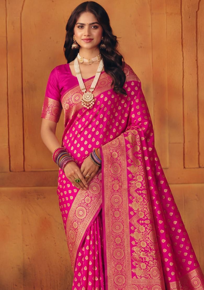 Pink Woven Silk Blend Saree Set - Indya