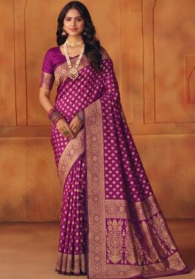 Purple Woven Silk Blend Saree Set