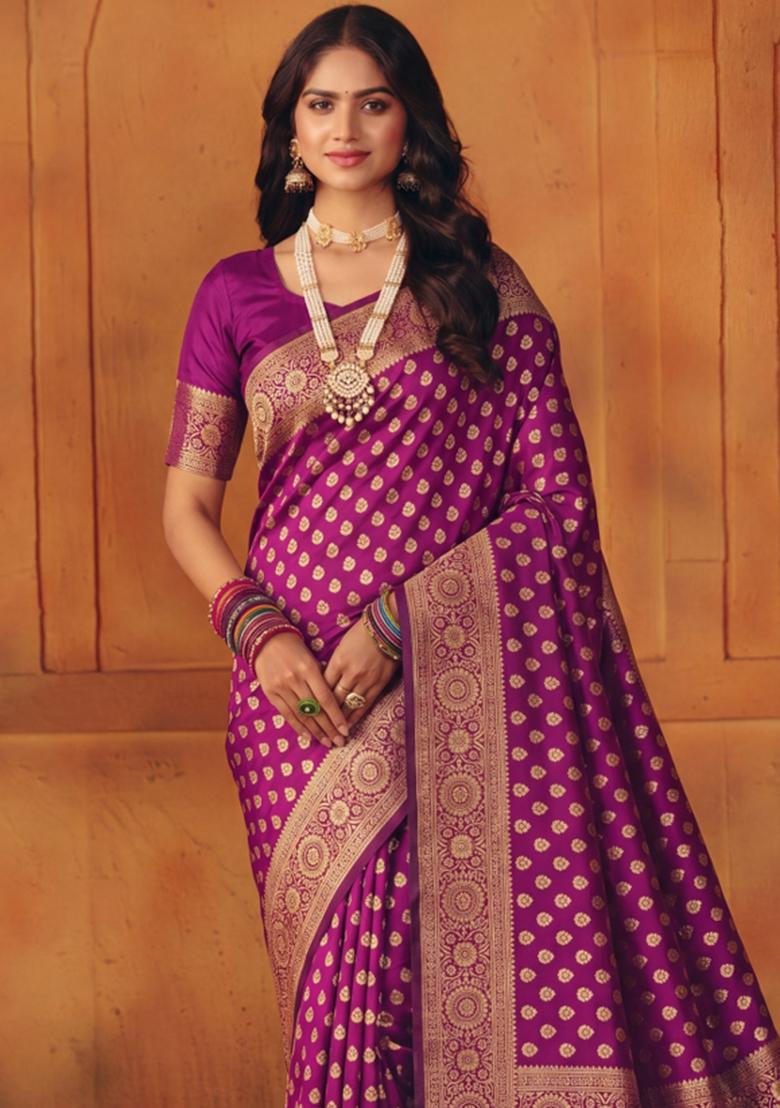 Purple Woven Silk Blend Saree Set - Indya