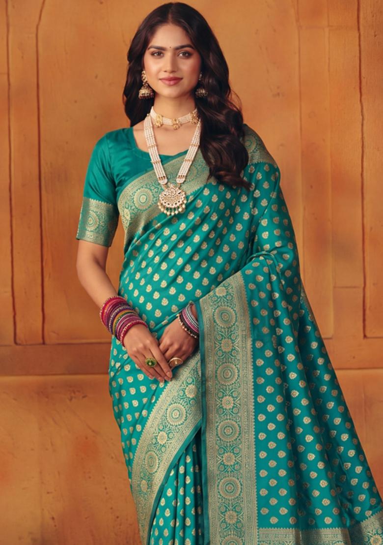 Turquoise Woven Silk Blend Saree Set - Indya