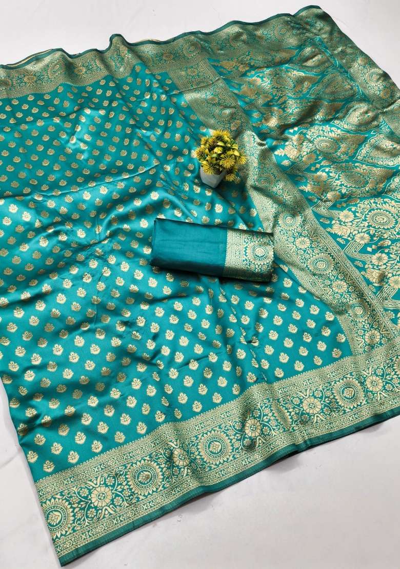 Turquoise Woven Silk Blend Saree Set for Diwali | Wedding & Festive Wear - Indya