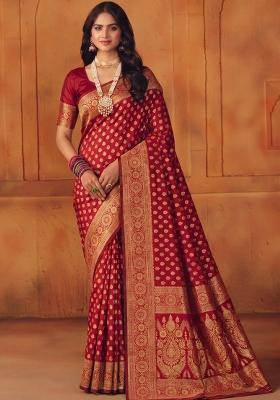 Red Woven Silk Blend Saree Set