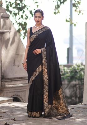 Black Woven Silk Blend Saree Set