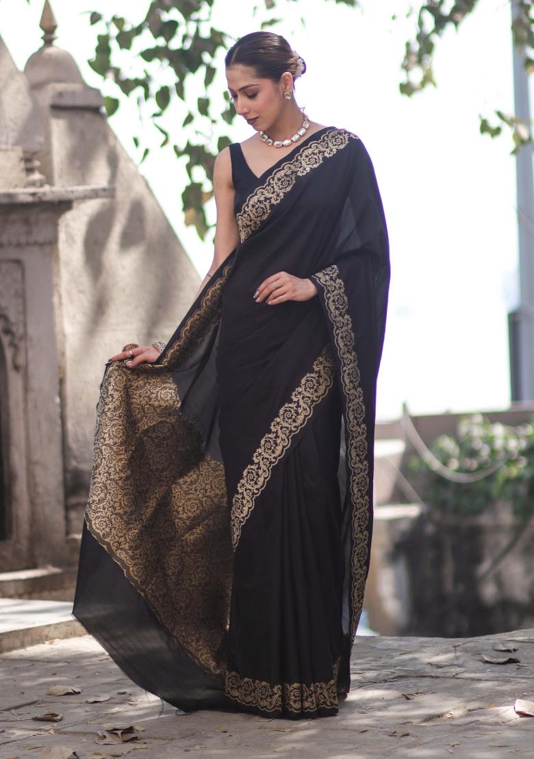 Black Woven Silk Blend Saree Set - Indya