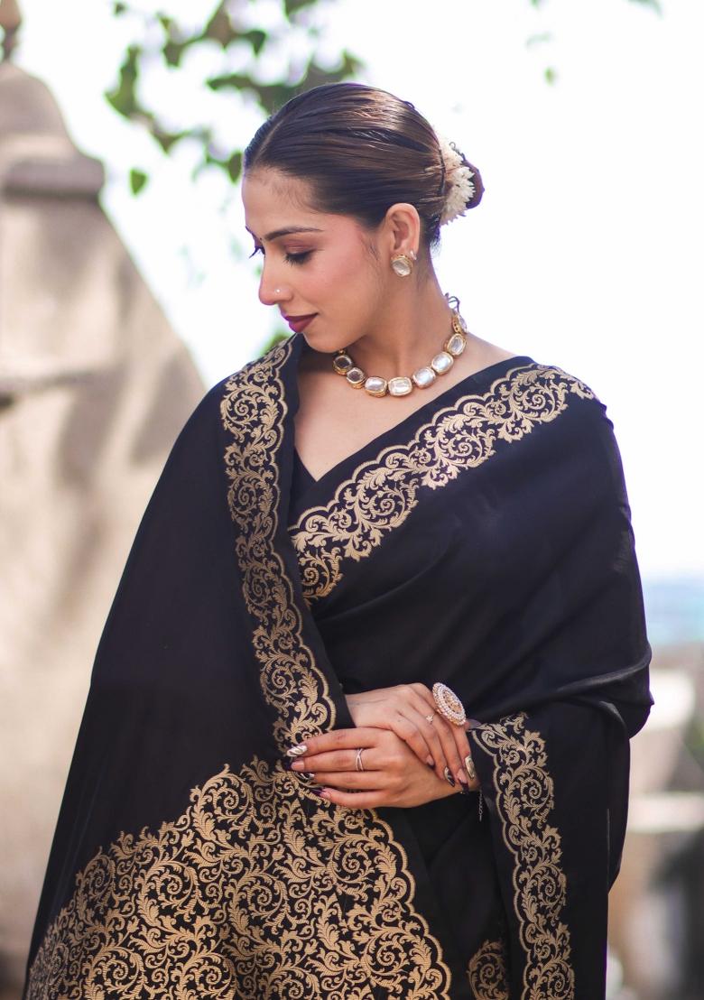 Black Woven Silk Blend Saree Set - Indya