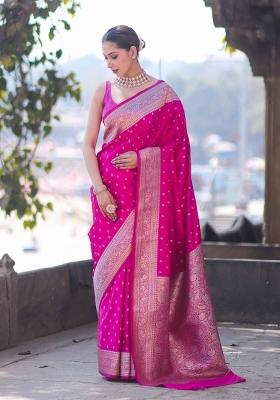 Pink Woven Silk Blend Saree Set