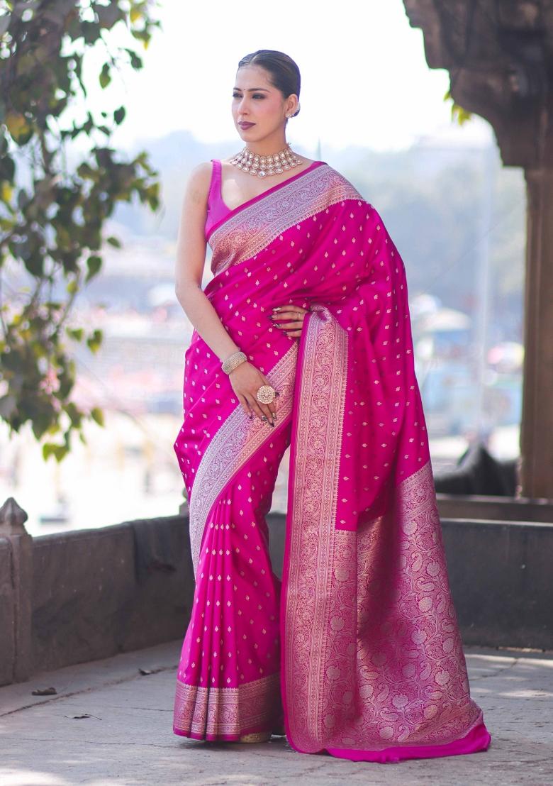 Pink Woven Silk Blend Saree Set - Indya