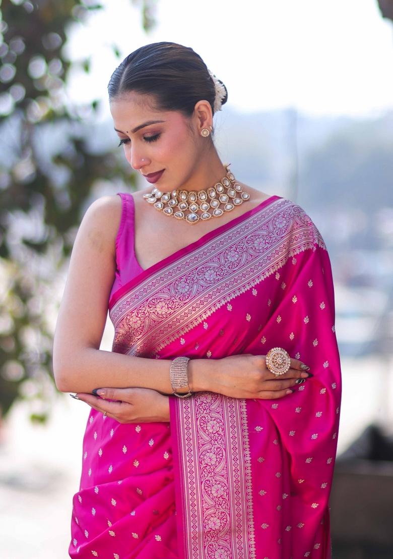 Pink Woven Silk Blend Saree Set - Indya