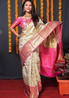 Off White Woven Silk Blend Saree Set