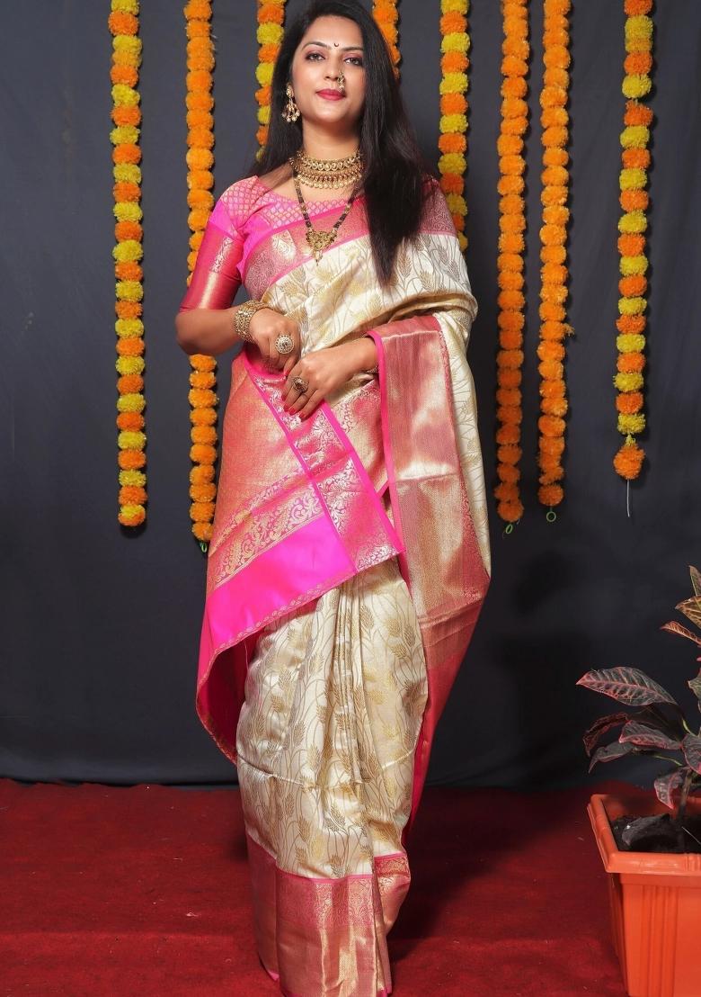 Off White Woven Silk Blend Saree Set - Indya
