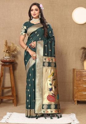 Green Woven Silk Blend Saree Set