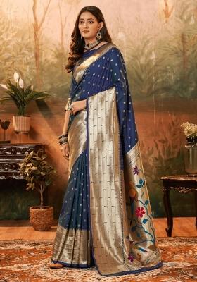 Blue Woven Silk Blend Saree Set