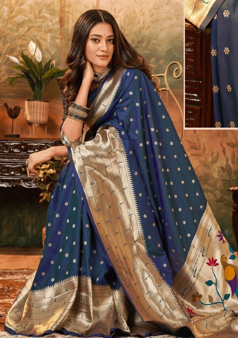 Blue Woven Silk Blend Saree Set - Indya