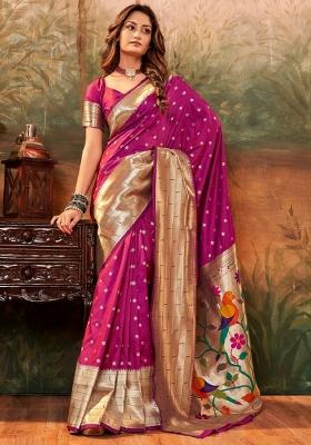 Rani Pink Woven Silk Blend Saree Set