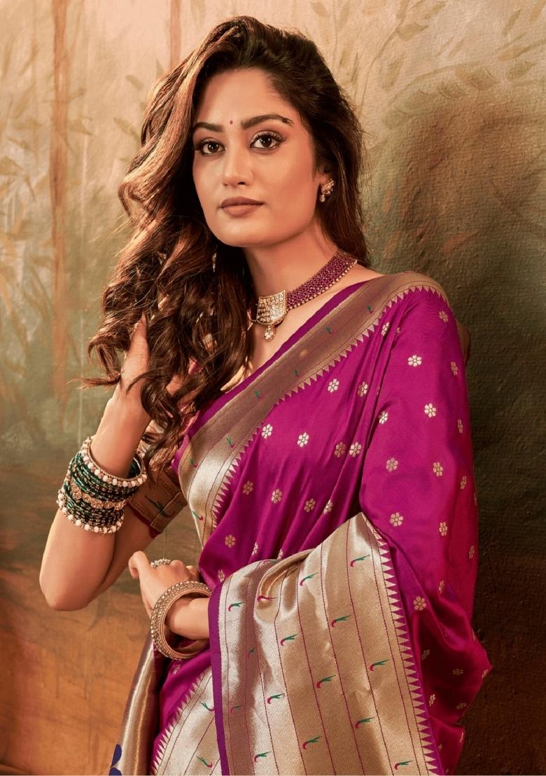 Rani Pink Woven Silk Blend Saree Set - Indya