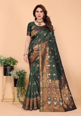 Green Woven Silk Blend Saree Set