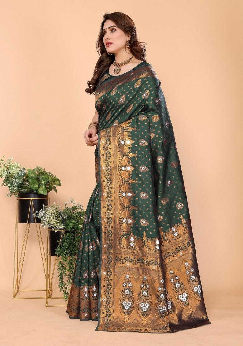 Green Woven Silk Blend Saree Set - Indya
