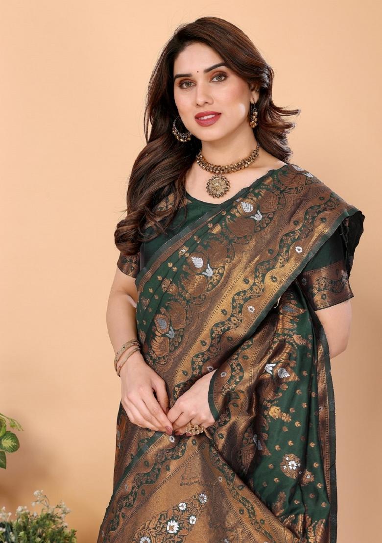 Green Woven Silk Blend Saree Set - Indya