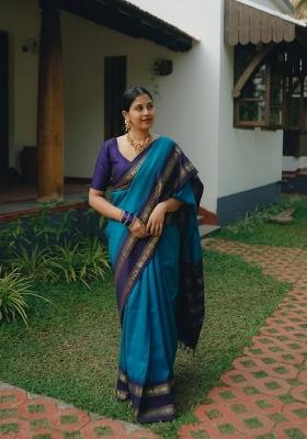 Sky Blue Woven Silk Blend Saree Set
