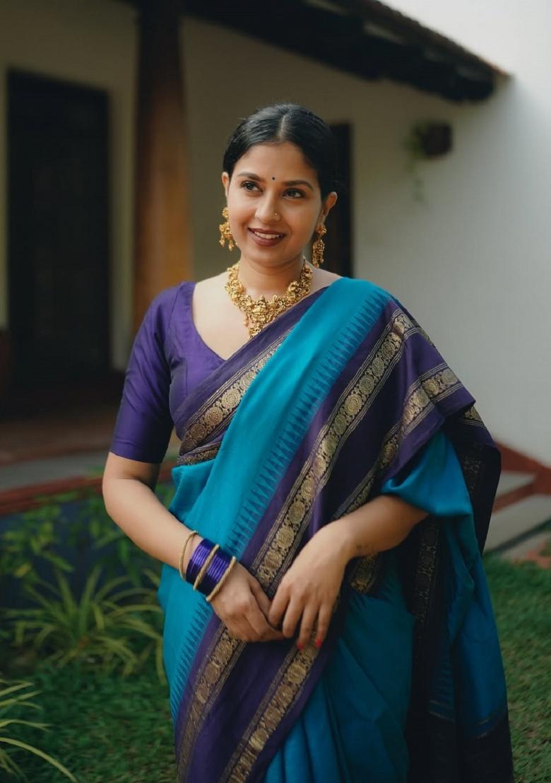 Sky Blue Woven Silk Blend Saree Set - Indya