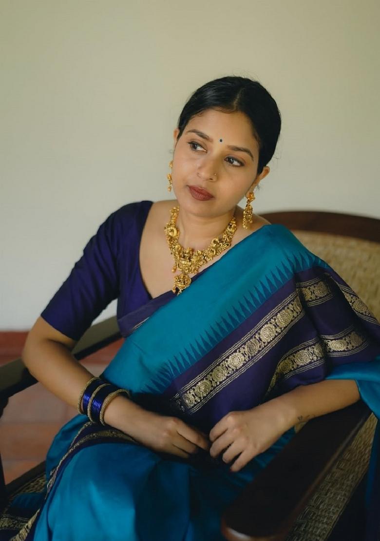 Sky Blue Woven Silk Blend Saree Set - Indya